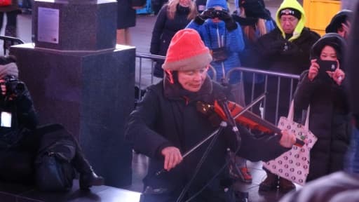 L'artiste Laurie Anderson joue au violon électronique lors d'un concert pour chiens à Times Square à New York le 4 janvier 2016