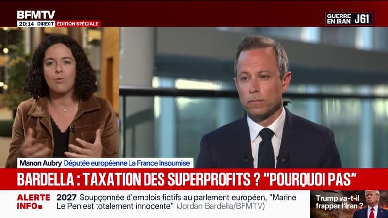 Parlement européen: "J'ai bien noté que Jordan Bardella était incapable de qualifier les profits de Total de superprofits, incapable de demander la taxation de ces superprofits", déclare Manon Aubry, députée européenne