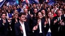 (De G à D): le Premier ministre Gabriel Attal, la tête de liste macroniste aux européennes Valérie Hayer, la présidente de l'Assemblée nationale Yael Braun-Pivet et le président du MoDem Francois Bayrou lors du lancement de la campagne de la majorité à Lille, le 9 mars 2024  