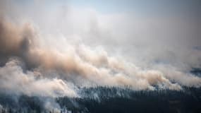 Cette photo aérienne prise depuis un avion le 27 juillet 2021 montre la fumée s'élevant d'un feu de forêt à l'extérieur du village de Berdigestyakh, en Sibérie.