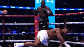 Anthony Joshua, au sol, mis KO par Daniel Dubois le 21 septembre 2024 à Wembley