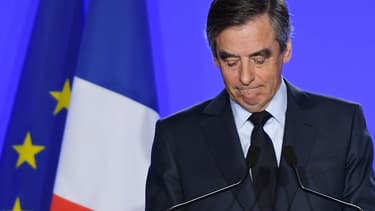 François Fillon lors de sa déclaration le 1er mars 2017, à son QG de campagne.