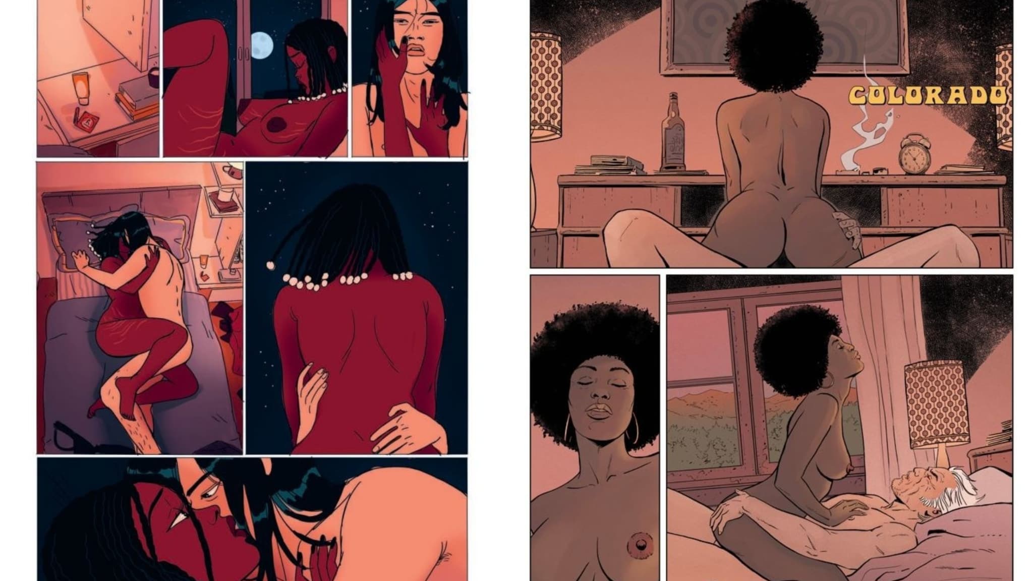 Deux planches d'"Amours croisées" de Laura Nsafou et Camélia Blandeau et du "Serpent et le Coyote" de Philippe Xavier et Matz
