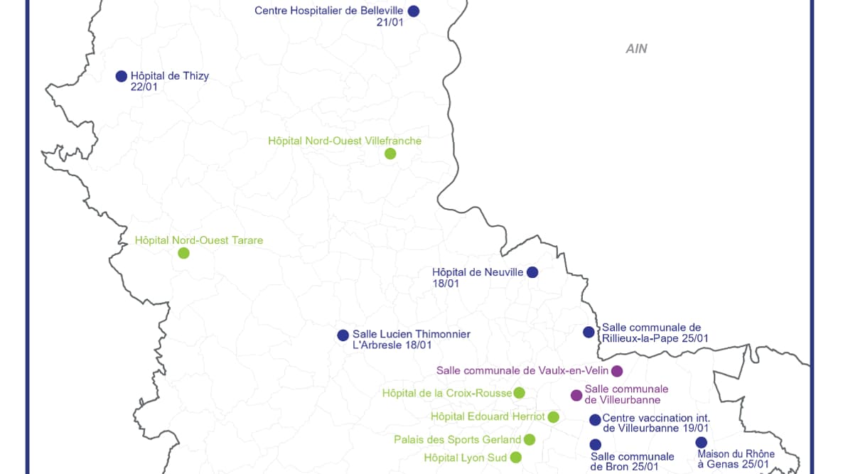 La carte des centres de vaccination du Rhône. La carte des centres de vaccination du Rhône.