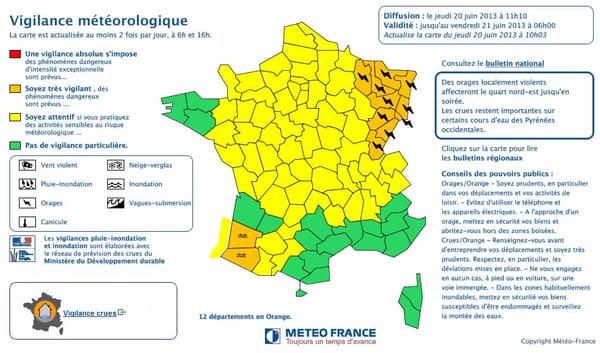 Alerte orange pour orages dans le Nord-Est, et pour crues dans le Sud-Ouest. Alerte orange pour orages dans le Nord-Est, et pour crues dans le Sud-Ouest.