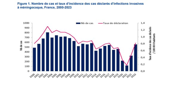 Nombre de cas et taux d’incidence des cas déclarés d’infections invasives à méningocoque, France, 2000-2023.
