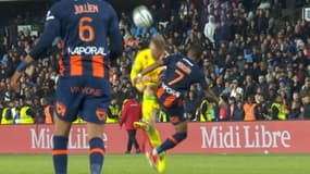 La très vilaine faute de Nordin sur Cozza lors de Montpellier-Nantes, 26 avril 2024
