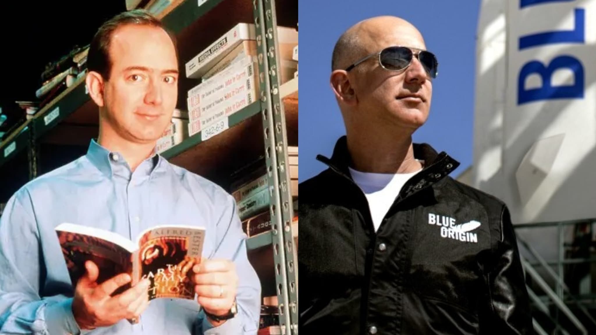 Jeff Bezos (à gauche en 1997, à droite en 2015 devant une fusée Blue Origin)