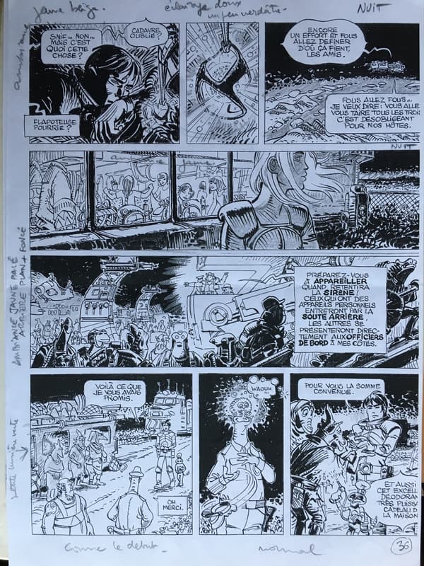 Planche 36 de Valérian et Laureline 19, Au bord du Grand Rien (2004) avec des indications de Jean-Claude Mézières.