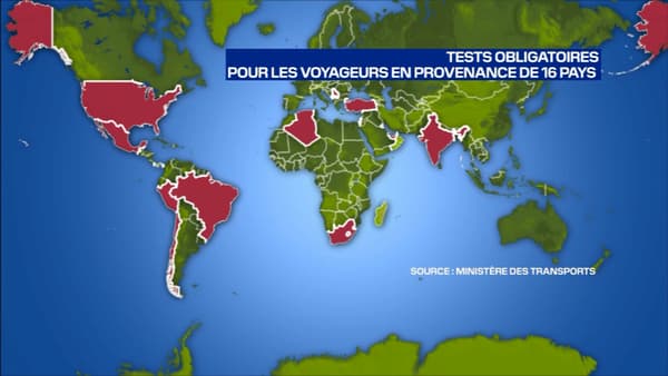 Carte des 16 pays concernés par les tests obligatoire à l'arrivée en Farbce.