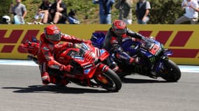 Marc Marquez et Fabio Quartararo lors de la course sprint du GP d'Espagne, le 26 avril 2025