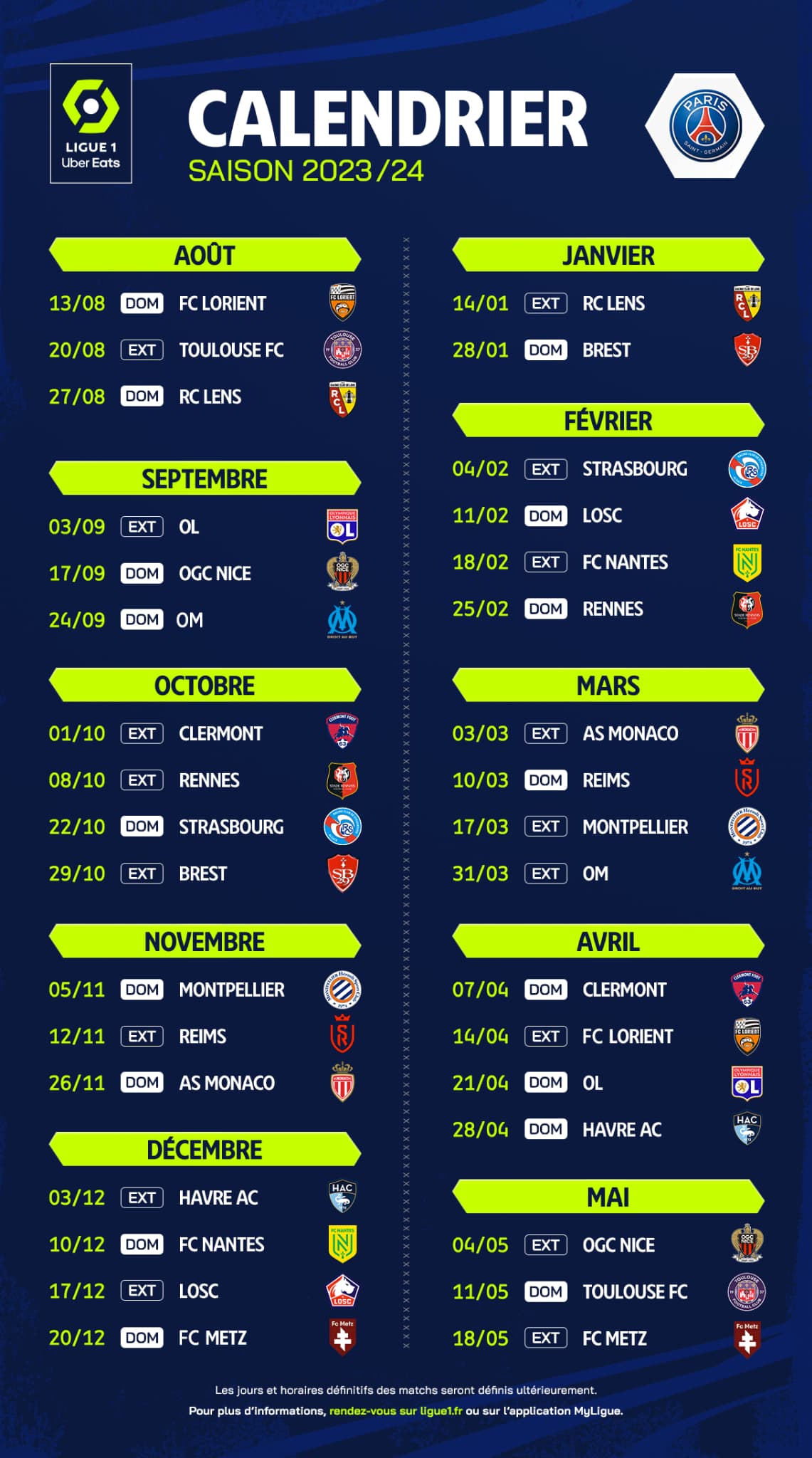 PSG : le calendrier complet des Parisiens pour la Ligue 1 2022/23