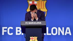 Lionel Messi lors de sa conférence de presse d'adieu au Barça au Camp Nou le 8 août 2021