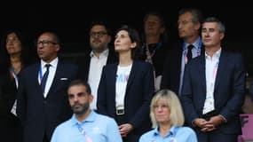 Philippe Diallo, Amélie Oudéa-Castera et Marc Keller pour l'entrée en lice des Bleuets du foot aux JO de Paris 2024, 24 juillet 2024