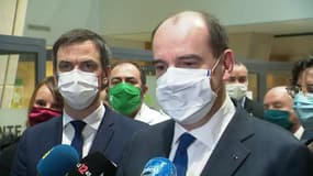 Jean Castex et Olivier Véran à Metz pour le lancement de la prise de rendez-vous téléphonique pour le vaccin anti-Covid, le 14 janvier 2021. 