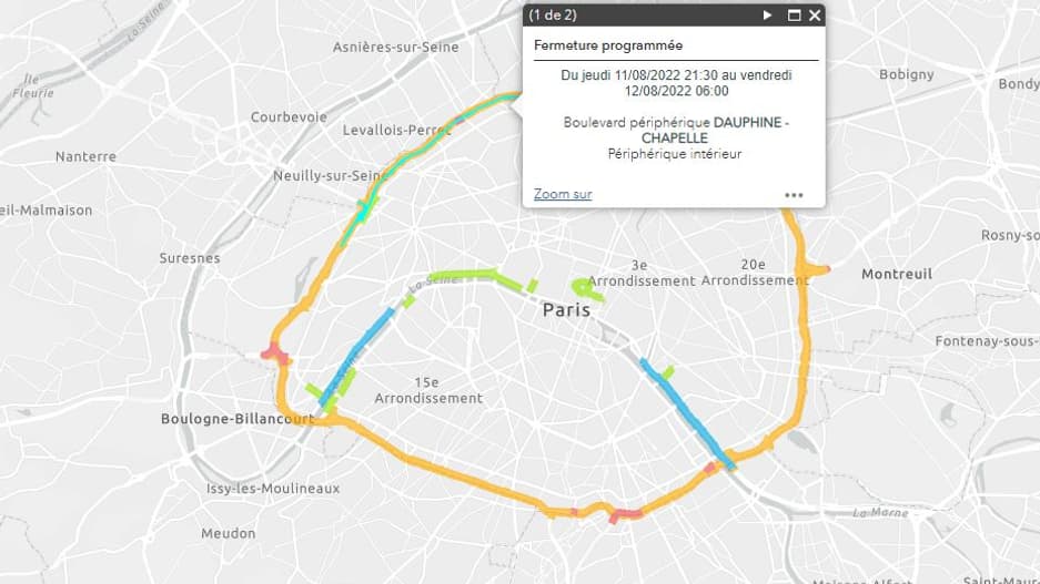 La carte des fermetures du périphérique pour travaux.