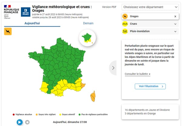 Carte des vigilance météo en France dimanche 27 août 2023.