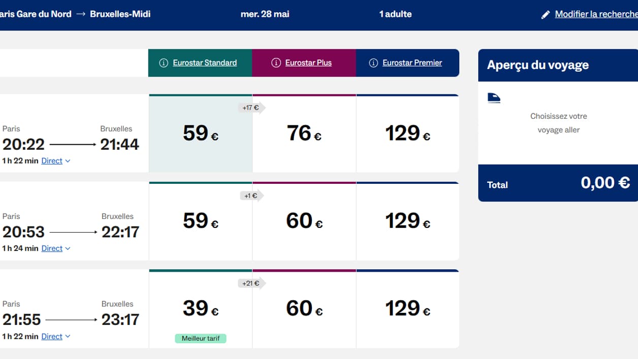 Traveling to Brussels for Ascension Day weekend can be a cheap alternative to London and the SNCF. (Prices as of the afternoon of March 25)