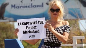 Pamela Anderson devant Marineland à Antibes, en août 2017