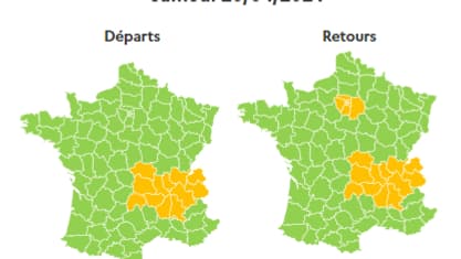 Samedi 20 avril, la journée est classée orange en Auvergne-Rhône-Alpes (départs et retours) et en Ile-de-France (retours).