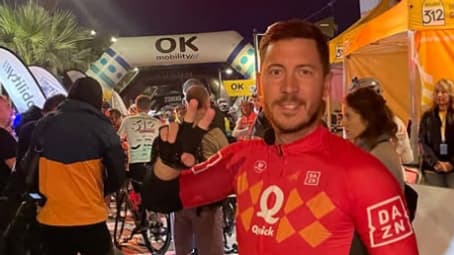 Eden Hazard à l'arrivée d'une course cycliste à Majorque, le 26 avril 2025.
