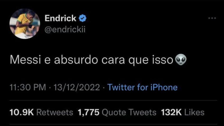 Endrick poste un tweet à la gloire de Messi...puis le supprime quelques minutes plus tard. Endrick poste un tweet à la gloire de Messi...puis le supprime quelques minutes plus tard.
