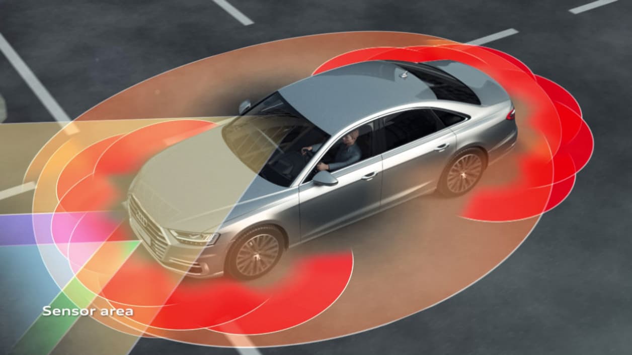 Les différents capteurs de l'Audi A8, dont un Lidar (ou laser scanner) à l'avant. Les différents capteurs de l'Audi A8, dont un Lidar (ou laser scanner) à l'avant.
