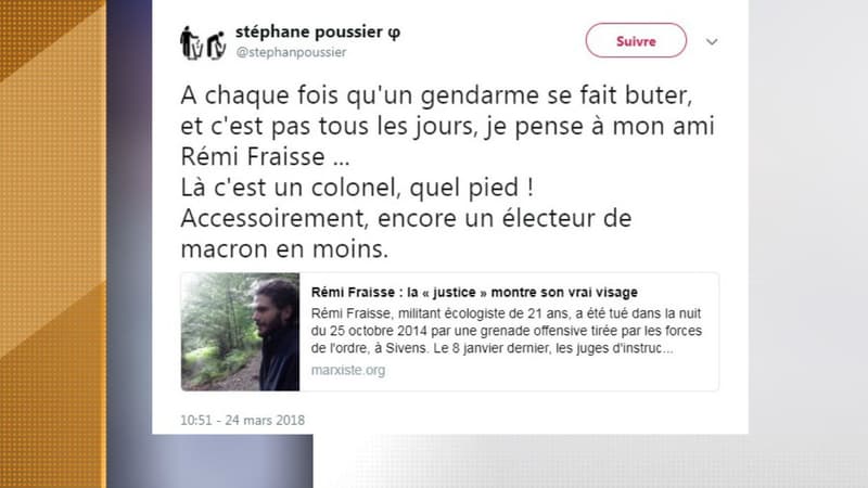 L'un des tweets controversés de Stéphane Poussier, candidat dans le Calvados pour La France insoumise aux législatives de 2017