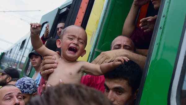 Un enfant est évacué d'un train stoppé à Bicske, en Hongrie, le 3 septembre. Un enfant est évacué d'un train stoppé à Bicske, en Hongrie, le 3 septembre.