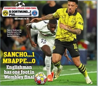 "Sancho 1 - Mbappé 0", titre le cahier Sports du Daily Mail, le 1er mai 2024