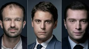 Photomontage réalisé le 19 juin 2024 de Manuel Bompard, Gabriel Attal et Jordan Bardella