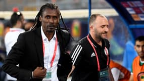 Aliou Cissé et Djamel Belmadi, au Caire le 27 juin 2019