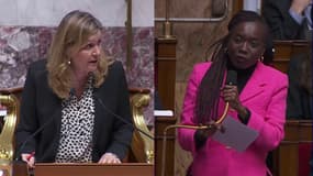 Yaël Braun-Pivet et Nadège Abomangoli,  le 17 février 2023 à l'Assemblée nationale