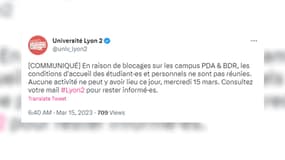 L'université Lyon 2 est bloquée ce mercredi 15 mars, pour protester contre la réforme des retraites.