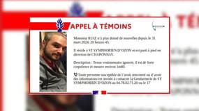 Un appel à témoins lancé par les gendarmes ce 1er avril après la disparition d'un homme à Saint-Symphorien-d'Ozon (Rhône).