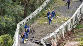 Des sauveteurs sur le pont suspendu qui s'est effondré à Mirepoix-sur-Tarn, près de Toulouse, le 18 novembre 2018