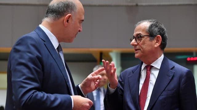 Pierre Moscovici et Giovanni Tria, au dernier sommet Eurogroupe à Bruxelles, lundi 5 novembre.