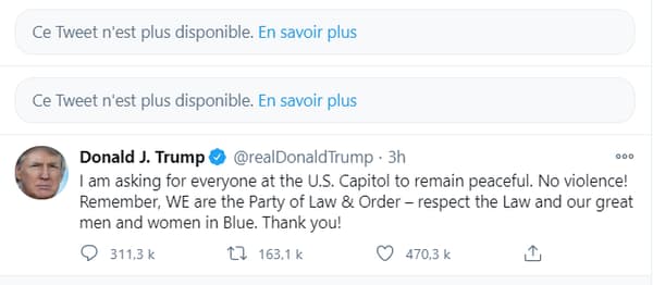 Tweets de Donald Trump sur la manifestation au Capitole supprimés Tweets de Donald Trump sur la manifestation au Capitole supprimés