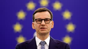 Le Premier ministre polonais Mateusz Morawiecki, le 19 octobre 2021 devant le Parlement européen à Strasbourg