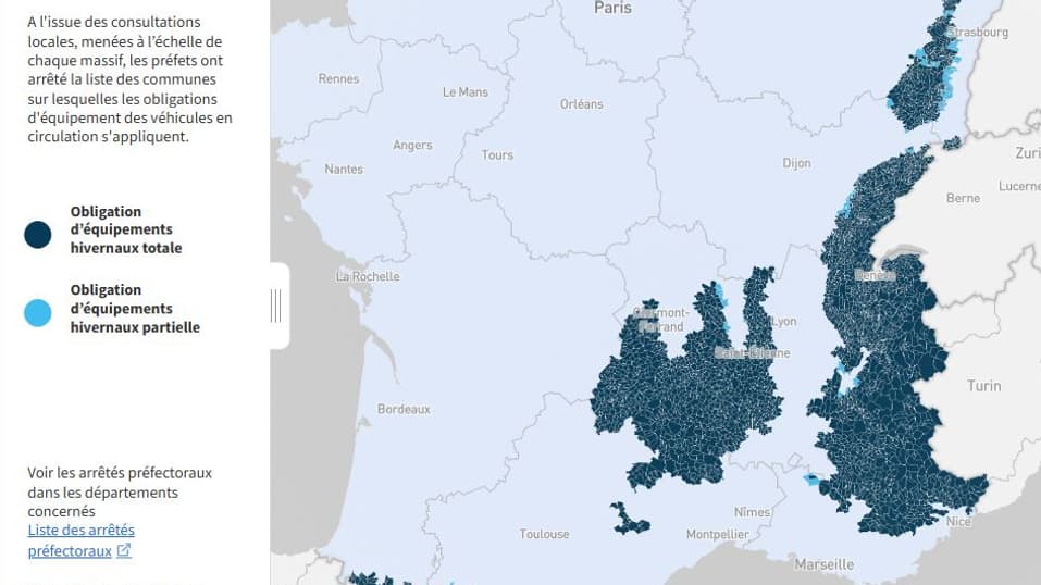 La carte des équipements hivernaux et les 34 départements concernés.