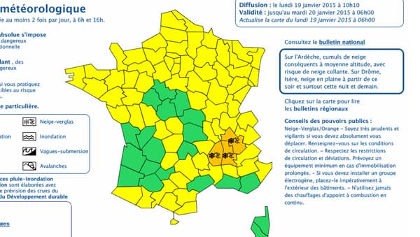 Carte de vigilance neige et verglas selon le bulletin de Météo France du 19 janvier, 10h10.