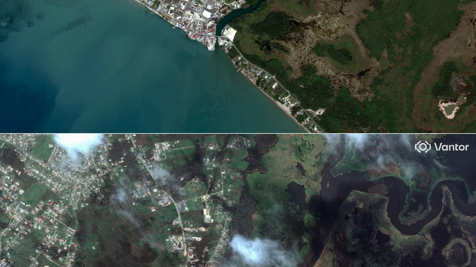 This combination of images shows (top) a satellite image taken on February 9, 2025 of Black River, Jamaica, before Hurricane Melissa, then (bottom) a satellite image taken on October 29, 2025 of the same location after the hurricane.