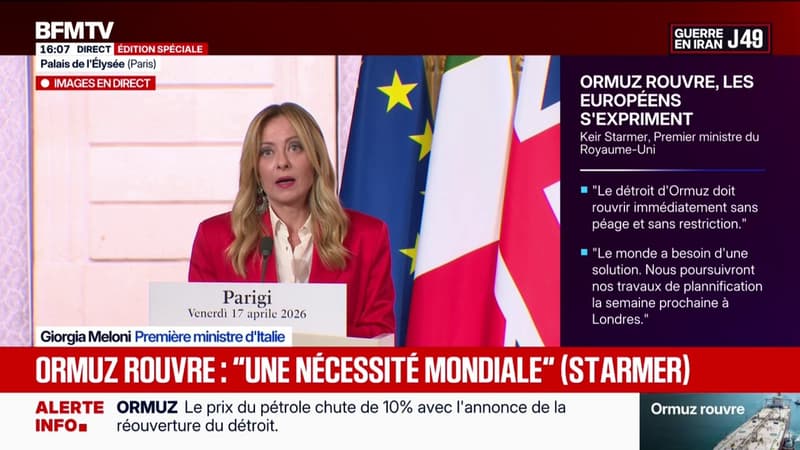 Réouverture du détroit d'Ormuz: "Il s'agit d'affirmer un principe fondamental du droit international", juge Giorgia Meloni
