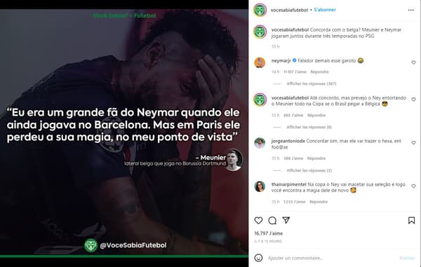 Le message de Neymar en direction de Thomas Meunier sur Instagram Le message de Neymar en direction de Thomas Meunier sur Instagram