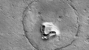 Photographie satellite montrant une formation géologique ressemblant à une tête d'ours sur Mars