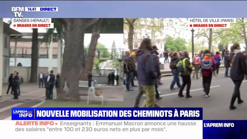 Retraites: le cortège des cheminots s'élance de la place de l'Hôtel de Ville à Paris en direction du siège du Medef
