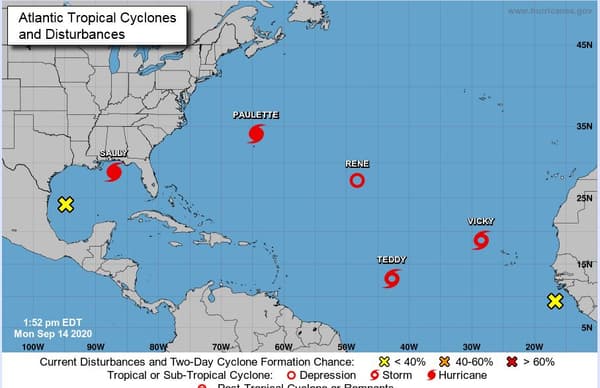 Les cinq tempêtes présentes en ce moment dans l'océan Atlantique.