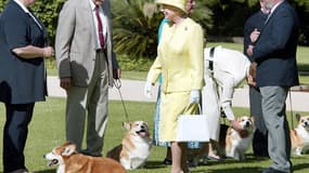 La reine en visite officielle en Australie, en 2002, rencontre un club de corgis d'Adelaïde.
