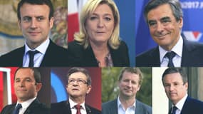 Emmanuel Macron, Marine le Pen, François Fillon, Benoît Hamon, Jean-Luc Mélenchon, Yannick Jadot et Nicolas Dupont-Aignan (de gauche à droite et de haut en bas)