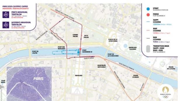 Le parcours des épreuves de triathlon pendant les JO de Paris 2024. Le parcours des épreuves de triathlon pendant les JO de Paris 2024.